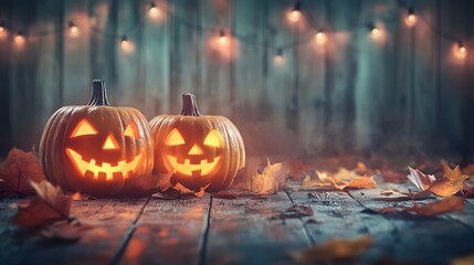 Fototapeta premium A festive Halloween scene with glowing jack-o'-lanterns lining both sides of a path, surrounded by autumn leaves and string lights. Bare trees and floating leaves create a spooky, yet warm atmosphere.