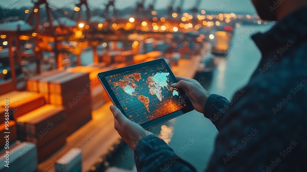 Poster Businessman touching tablet for analyze stock at logistics port and world map with Delivery network distribution on background transportation trading business concept : Generative AI