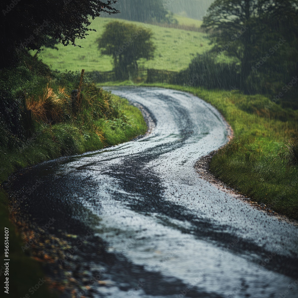 Sticker A winding road through a misty, green countryside on a rainy day.