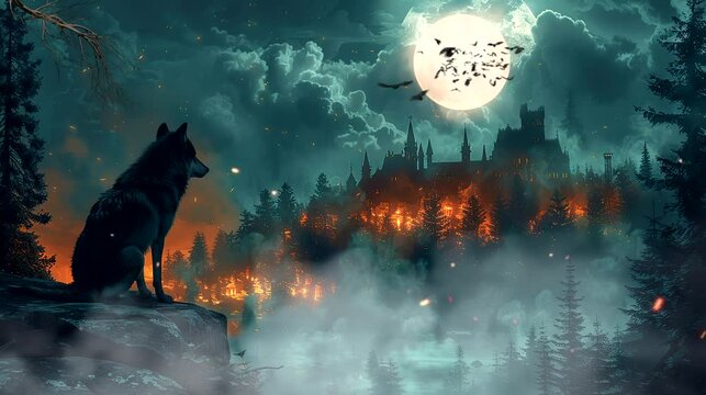 Wolf on haunted mansion with bats. Seamless looping time-lapse video background