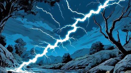comic style lightning strikes in a stream of blue