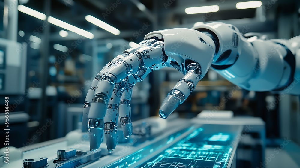 Poster Robotic maintenance engineer working on robot arm connection and monitoring control Professional technician industry 40 robotic engineering workshop in electronic futuristic manufactur : Generative AI
