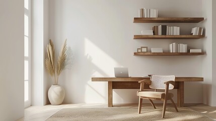 A minimalist home office with a desk, chair, and a plant.