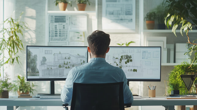 architect working on computer with CAD software in modern office, architect using CAD software on computer in modern office