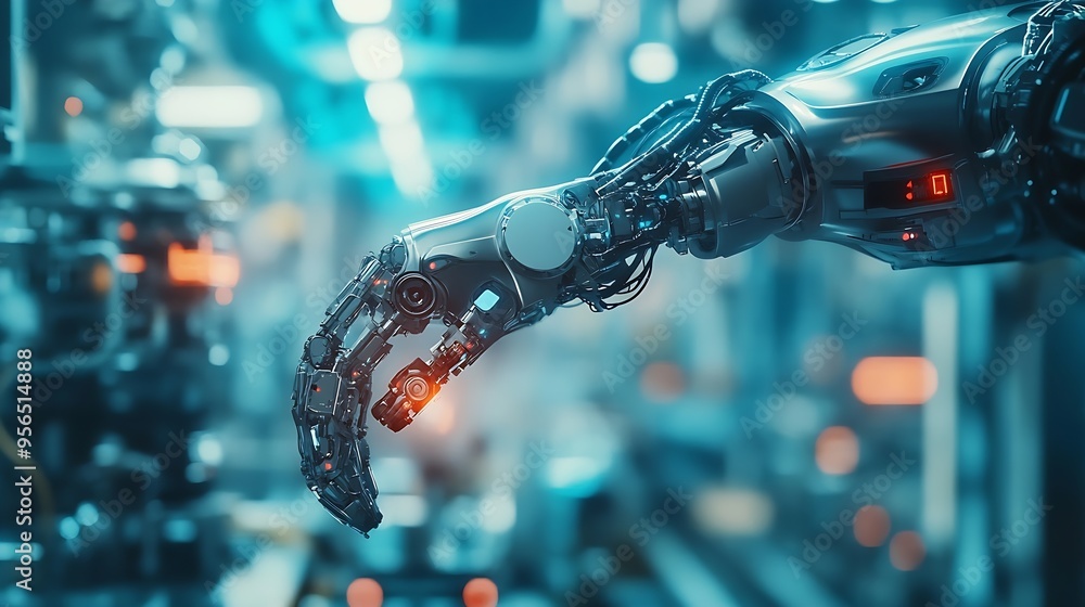Poster MLB Mechanized industry robot arm and factory worker double exposure Concept of robotics technology for industrial revolution and automated manufacturing process : Generative AI