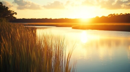 These photos depict sunrise and sunset over the marsh and water in Lowcountry Charleston South Carolina The exact location is Buck Hall Recreational center and Boat Ramp : Generative AI