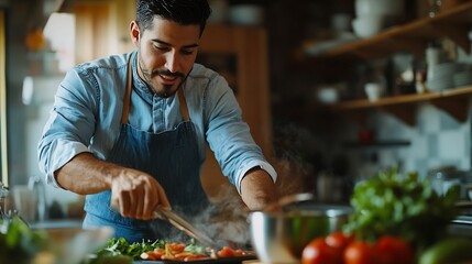 Handsome hispanic chef cooking at kitchen at home : Generative AI
