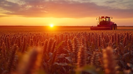 sorgo sorghum plantation being harvested at sunset : Generative AI