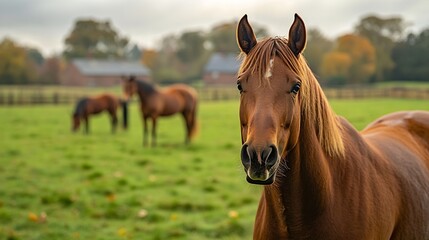 Obraz premium horses grazing on a pasture in the padlock uk farm houses in the background : Generative AI