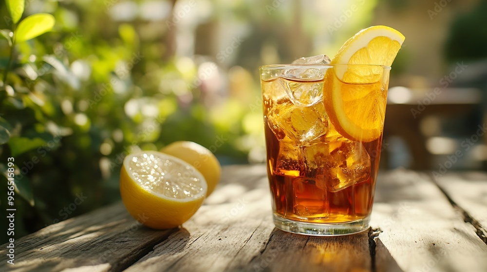 Aufkleber plastic glass with ice tea and lemon on wooden table with green garden on the background : generativ