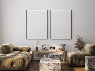 Frame mockup, ISO A paper size. Living room wall poster mockup. Interior mockup with house background. Modern interior design. 3D render

