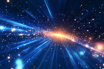 Dynamic abstract image of vibrant light trails and colorful particles converging towards a bright center, symbolizing speed and energy