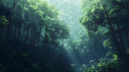 Obraz premium Serene forest canopy with sunlight filtering through lush greenery in vibrant woodland landscape