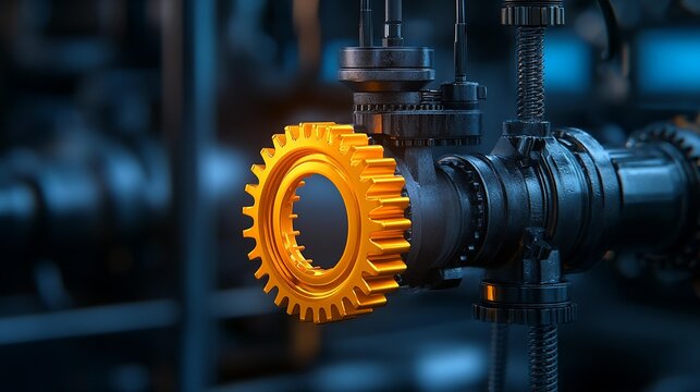 Close-up of an orange gear on a pipe, showcasing industrial machinery with a modern and sleek design in a factory setting.