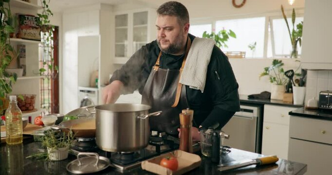 Cooking, show and live streaming with man in kitchen for culinary tutorial, social media chef or presenter. Food, network and content creator with influencer at home for recipe, online class and post