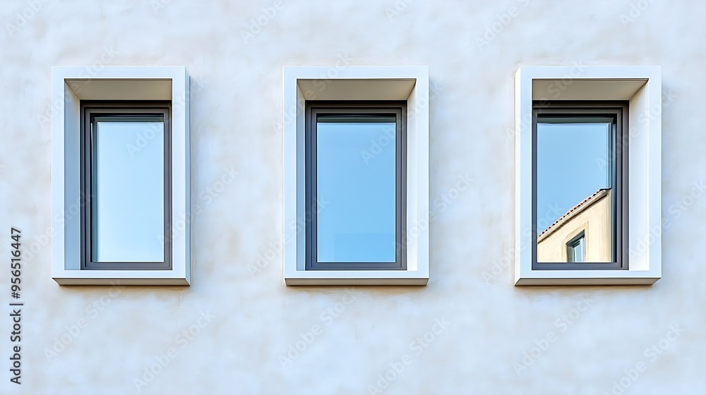 Poster Several windows on the wall of a building with a white facade New windows have been installed in a house under construction with a light facade Front view closeup : Generative AI