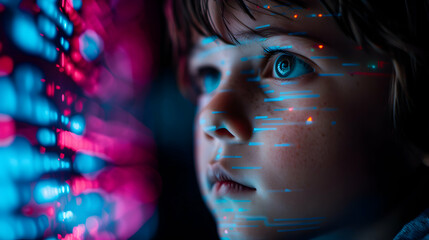 Naklejka premium Child Using Artificial Intelligence Virtual Screen