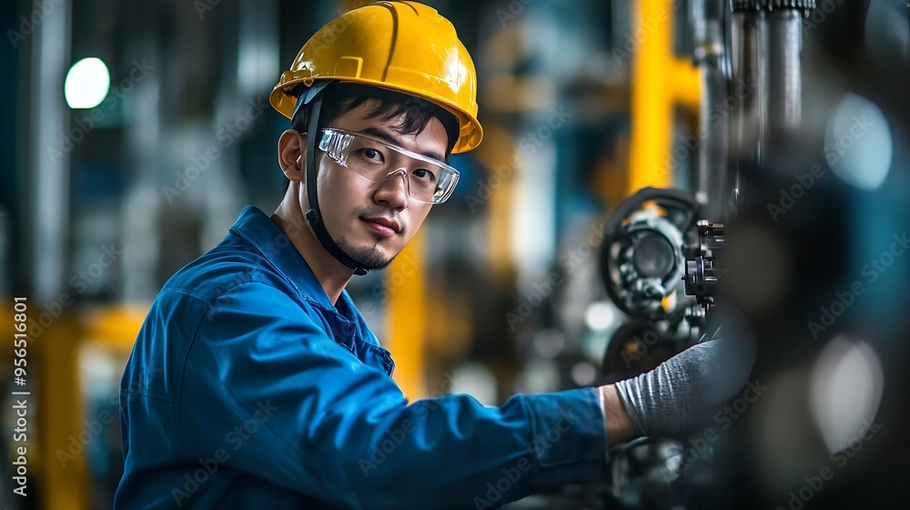 Poster professional technician engineer with safety helmet hard hat working in industrial manufacturing fac