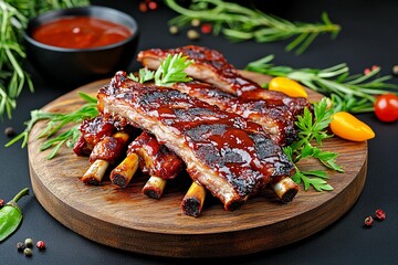 Delicious BBQ ribs glazed with savory sauce, garnished with fresh herbs, served on a wooden board, perfect for food lovers.