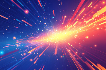 Obraz premium Dynamic abstract image of vibrant light trails and colorful particles converging towards a bright center, symbolizing speed and energy
