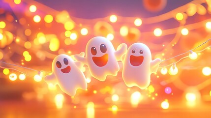 Fototapeta premium Festive and spooky Halloween and Christmas decorations, ghosts and garlands, 3D illustration 617-23