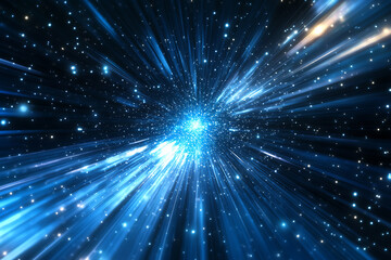 Fototapeta premium Dynamic abstract image of vibrant light trails and colorful particles converging towards a bright center, symbolizing speed and energy