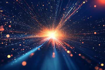 Fototapeta premium Dynamic abstract image of vibrant light trails and colorful particles converging towards a bright center, symbolizing speed and energy