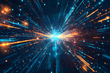 Fototapeta premium Dynamic abstract image of vibrant light trails and colorful particles converging towards a bright center, symbolizing speed and energy
