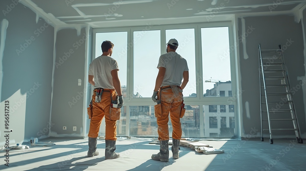 Wall mural Two male workers from the professional home renovation service painting walls light gray in a big bright living room interior inside a new modern house or apartment : Generative AI