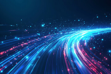 Obraz premium Dynamic abstract image of vibrant light trails and colorful particles converging towards a bright center, symbolizing speed and energy