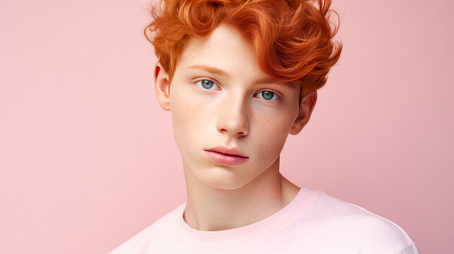 Portrait of a happy serious red-haired confident teenage guy with perfect skin, light pink background, banner.