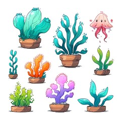 Colorful Cartoon Plants in Pots