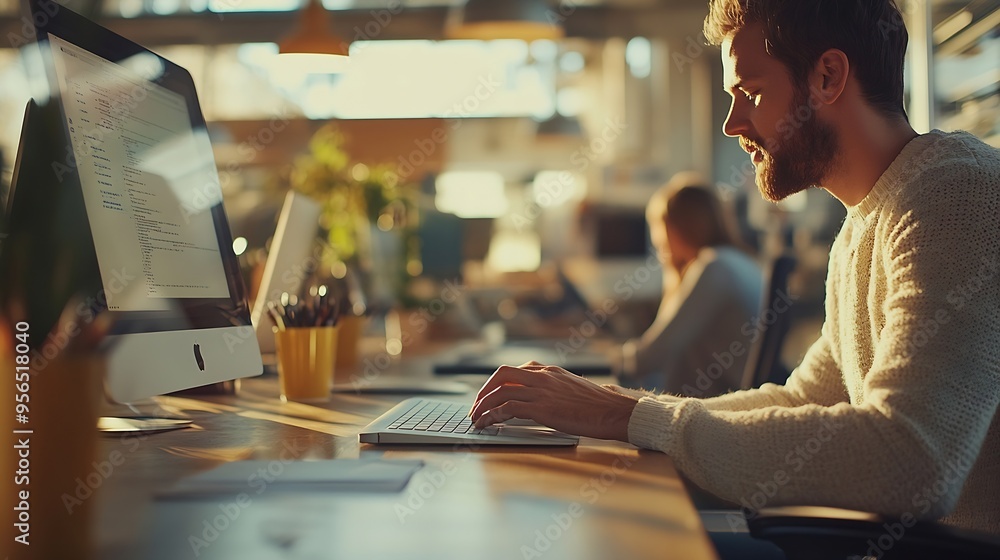 Aufkleber Man working and desk with coworkers on computer in office digital design for online research for business website Colleague career and employees for creative company typing or browse o : Generative AI