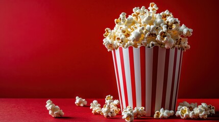 Classic Movie Night - Freshly Popped Buttery Popcorn in Vintage Red and White Container on Bold Red Background
