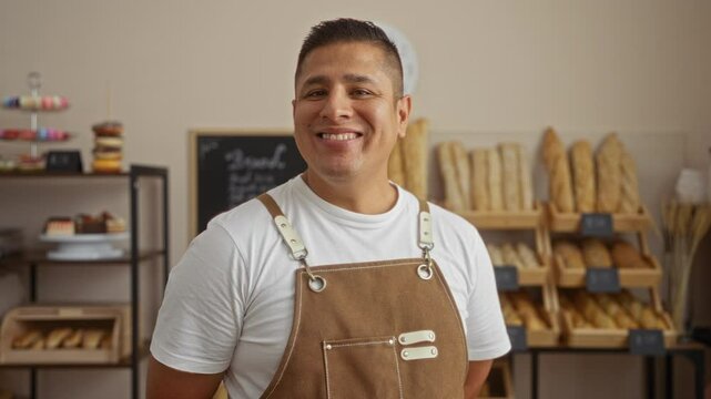 Young man in brown apron standing in bakery shop, surrounded by shelves of freshly baked bread with blurred background