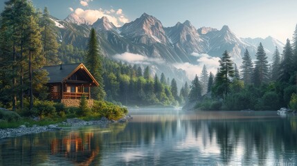 Fototapeta premium Idyllic Mountain Cabin by Serene Lake