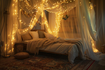 Cozy bedroom setting with a canopy bed and plush rugs, adorned with fairy lights and decorative pillows. Generative AI