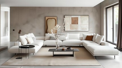 Fototapeta premium A modern living room with a white sectional sofa, a coffee table, and a plant.