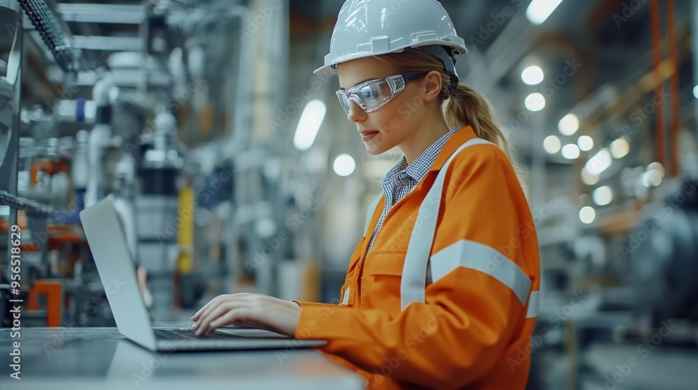Aufkleber female engineer using laptop computer for safety control checks or manufacturing maintenance work in