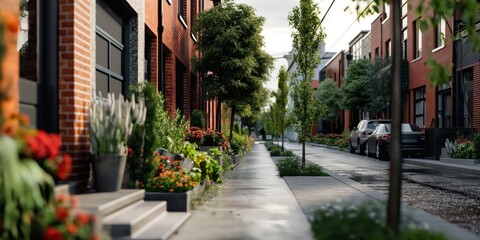 Beautiful urban street featuring modern brick homes and lush, vibrant gardens along the sidewalk, exuding a peaceful and welcoming community atmosphere.