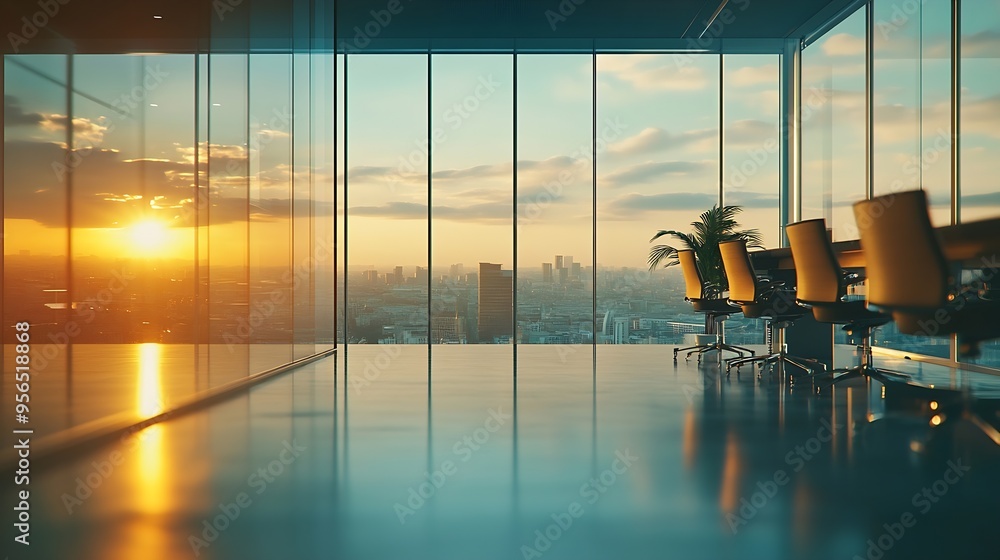 Aufkleber a modern openplan office space filled with natural light from large windows that offer a view of the cityscape The office features a clean minimalistic design with  chairs and computer : Generative AI
