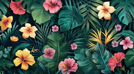 A Vivid Tropical Jungle Scene with Lush Foliage and Vibrant Flowers