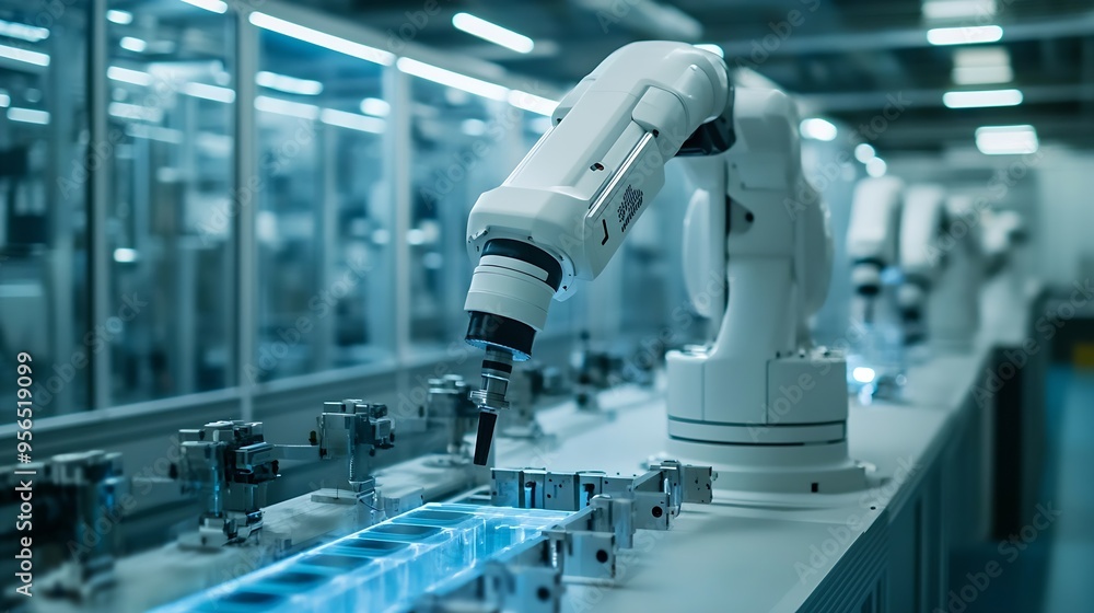 Poster Industry 40 Engineer use monitoring system software and record data of ai robotics automatic arms machine working on network in intelligent factory Ai Machine learning Digital manufact : Generative AI