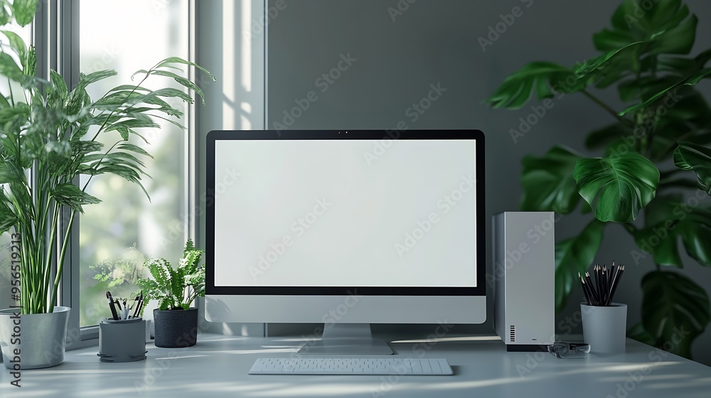 Leinwandbilder Clean workspace with computer display mockup isolated for web page promotion Window beside enhances productivity in a minimalist office setting : Generative AI