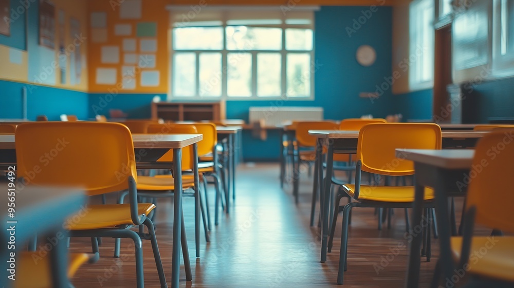 Poster empty school classroom with desks and chairs : generative ai