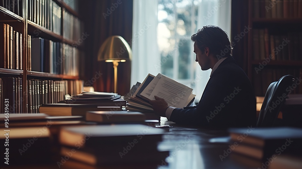 Aufkleber lawyer sits in office with litigation contract documents attorneys draft contracts and legal terms f