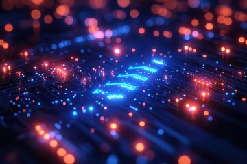 futuristic blue neon arrows pointing up and down on a digital circuit board background with glowing elements and data streams