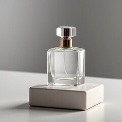mockup of a simple white perfume bottle on a white background, elegantly placed on a platform