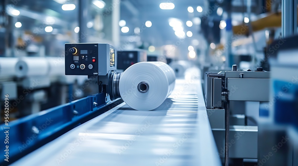 Aufkleber new innovative technology of automatic label printing machine with digital control panel printing on continuous plastic film for wrapping on food product packaging in the printing fact : Generative AI