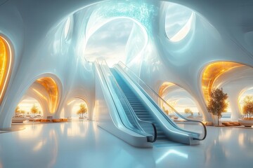 Fototapeta premium futuristic airport terminal with sweeping glass architecture and glowing blue escalators holographic displays and sleek design elements create an ultramodern travel experience